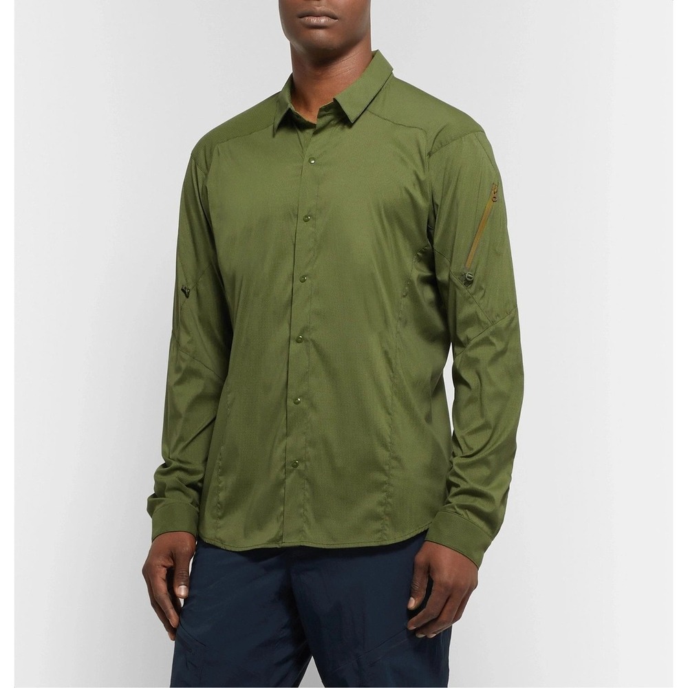 Arcteryx Elaho LS Slim Fit Shirt Size L Green Grid Technical Hiking Snap Front